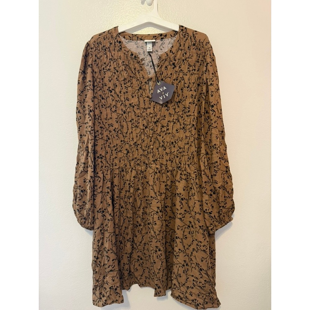 Ava & Viv Women 3X Tan Floral Smocked Long Sleeve Mini Dress Brown Pockets
